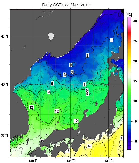 日本海の海面水温分布図（3月28日）