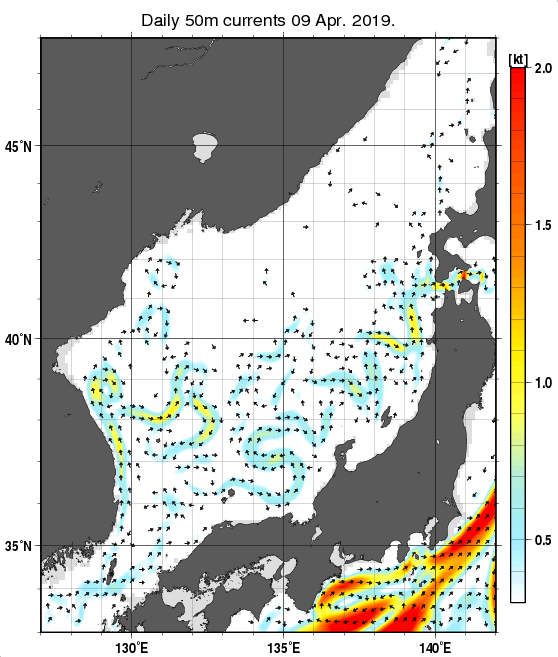 日本海の深さ50mの海流分布図（4月9日）