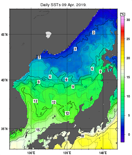 日本海の海面水温分布図（4月9日）