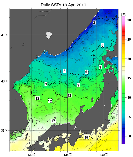 日本海の海面水温分布図（4月18日）