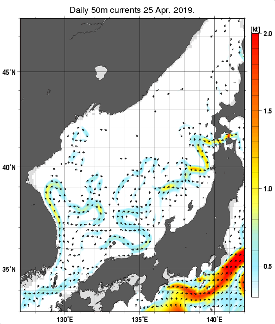 日本海の深さ50mの海流分布図（4月25日）