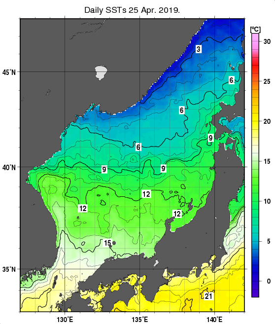 日本海の海面水温分布図（4月25日）