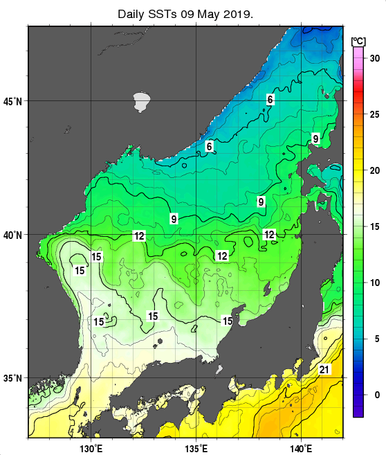 日本海の海面水温分布図（5月9日）