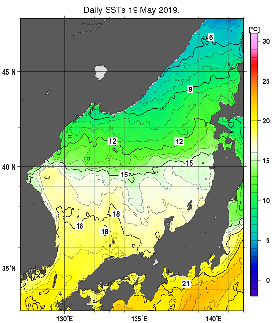 日本海の海面水温分布図（5月19日）