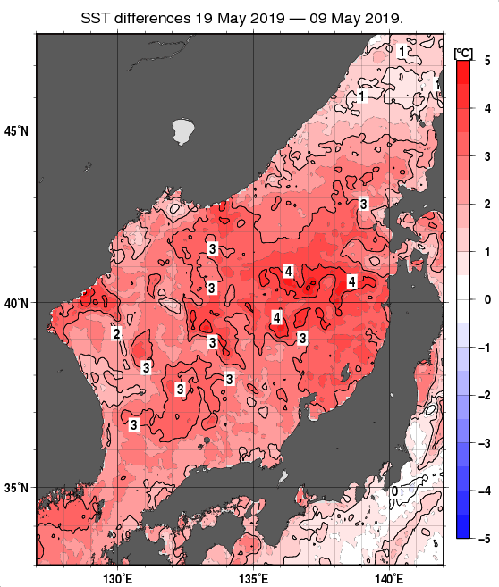 日本海の10日間の海面水温変化量分布図（5月19日）