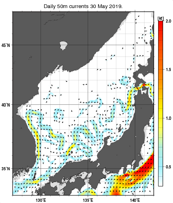 日本海の深さ50mの海流分布図（5月30日）