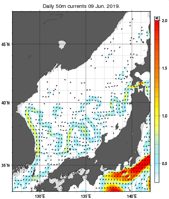 日本海の深さ50mの海流分布図（6月9日）