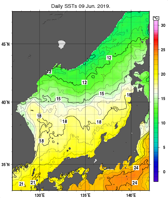 日本海の海面水温分布図（6月9日）