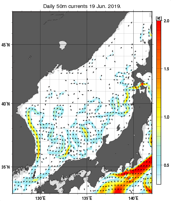 日本海の深さ50mの海流分布図（6月19日）