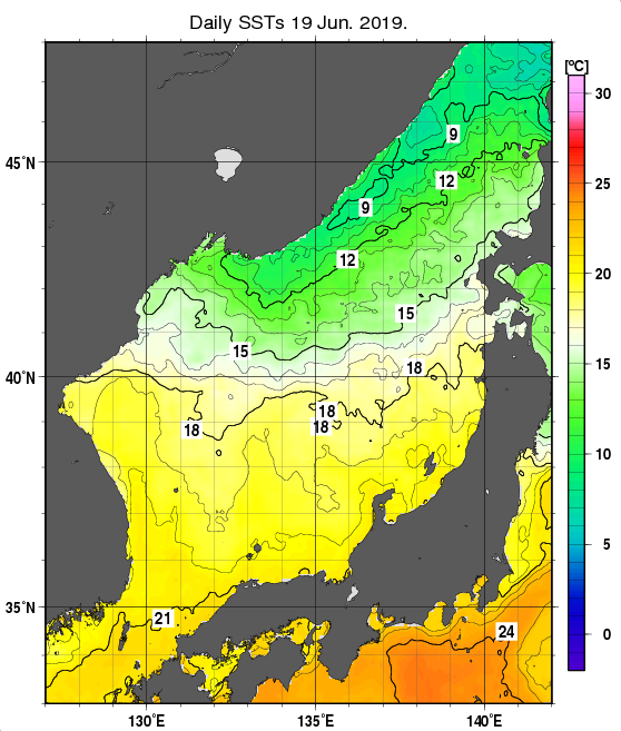 日本海の海面水温分布図（6月19日）