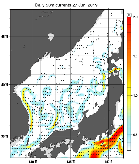 日本海の深さ50mの海流分布図（6月27日）