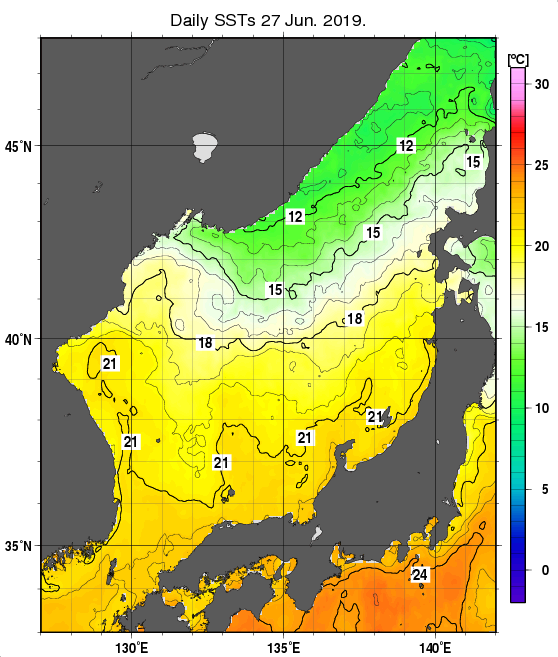 日本海の海面水温分布図（6月27日）