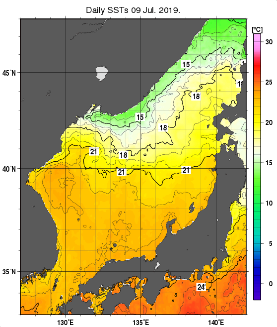 日本海の海面水温分布図（7月9日）