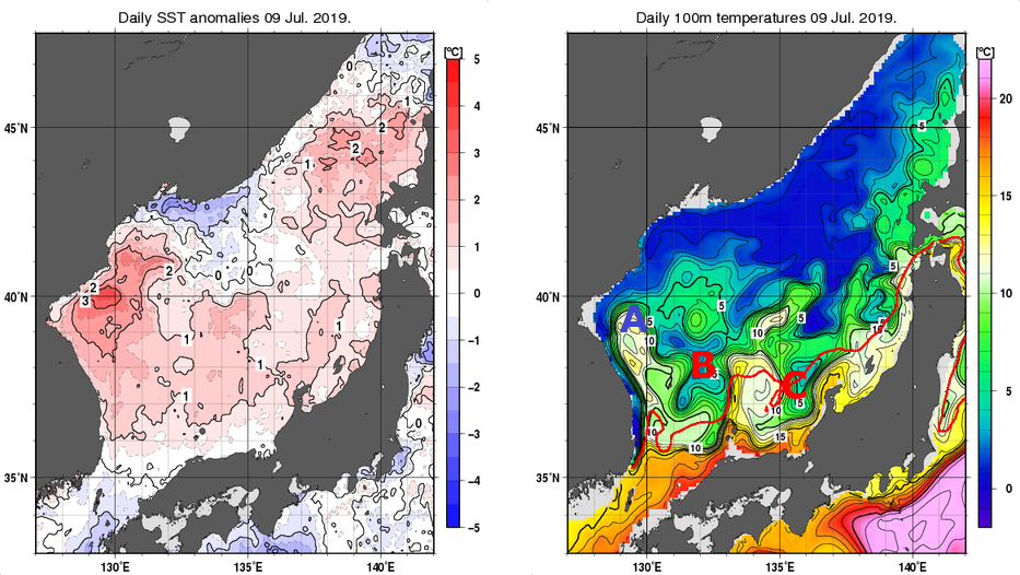 日本海の海面水温平年差分布図および深さ100mの水温分布図（7月9日）