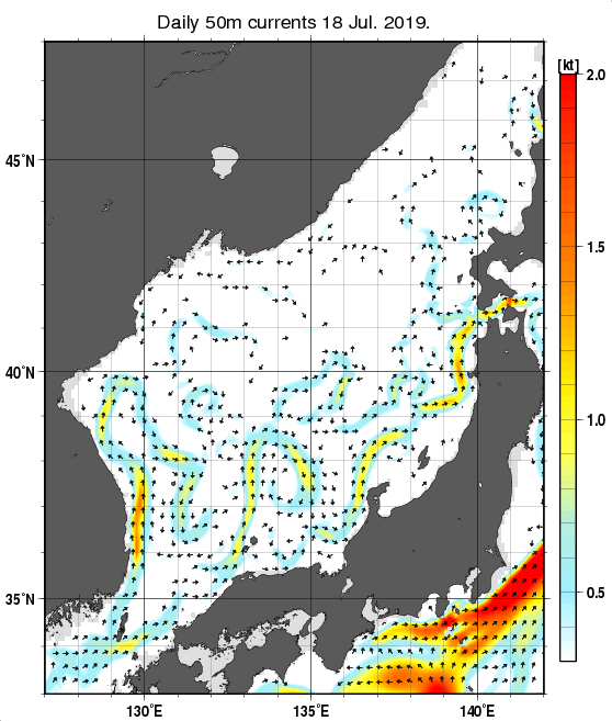 日本海の深さ50mの海流分布図（7月18日）