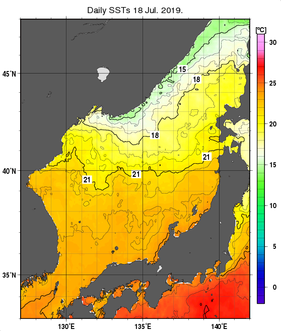 日本海の海面水温分布図（7月18日）