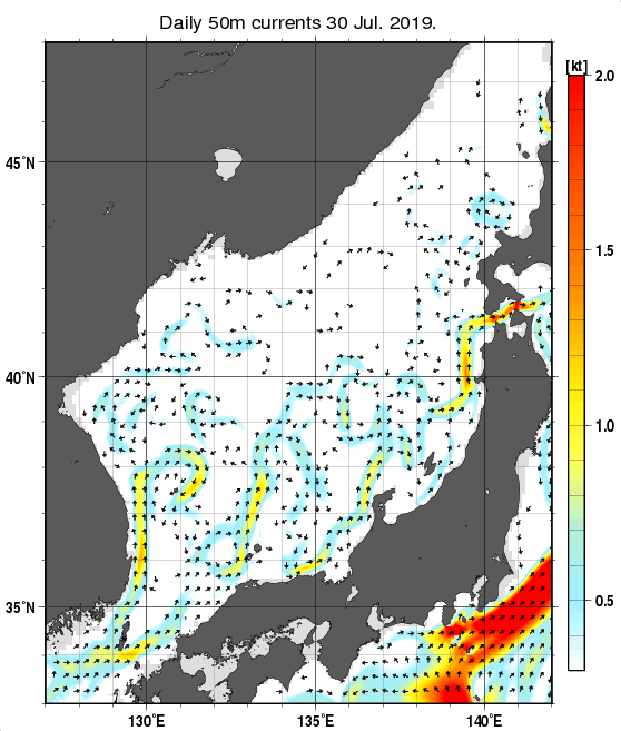 日本海の深さ50mの海流分布図（7月30日）