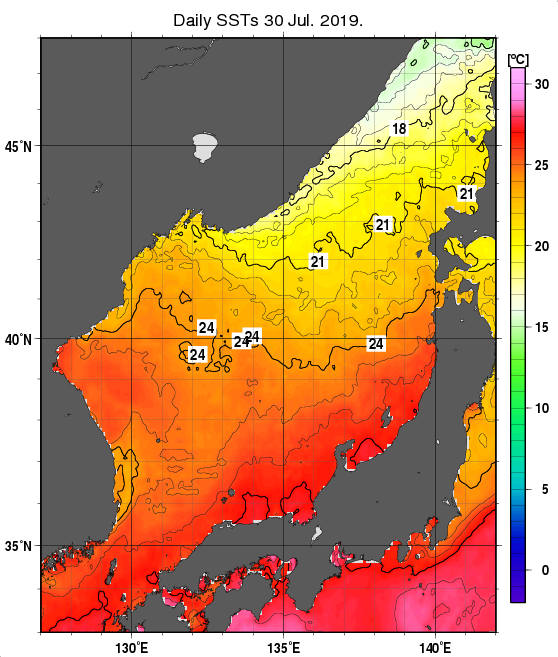 日本海の海面水温分布図（7月30日）