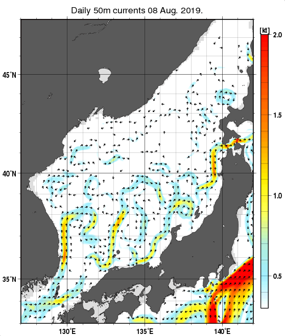 日本海の深さ50mの海流分布図（8月8日）