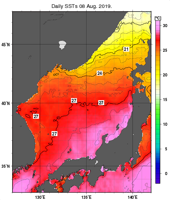 日本海の海面水温分布図（8月8日）