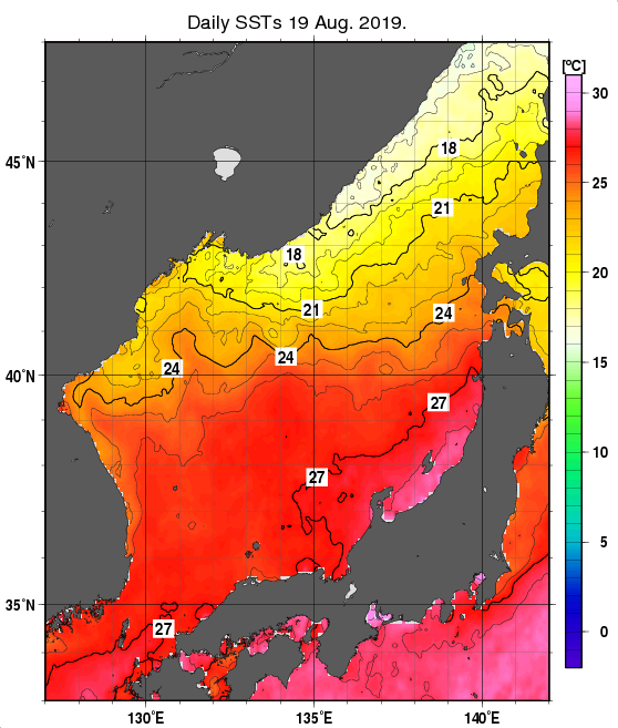 日本海の海面水温分布図（8月19日）