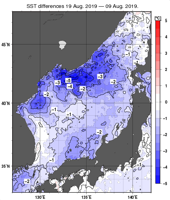 日本海の10日間の海面水温変化量分布図（8月19日）