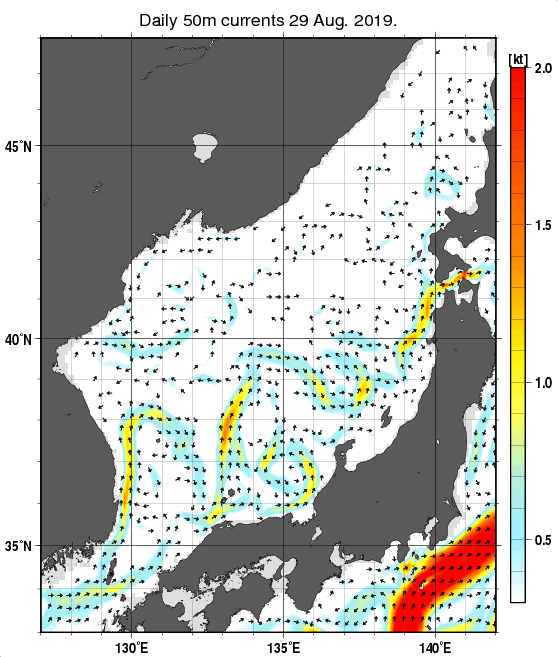 日本海の深さ50mの海流分布図（8月29日）