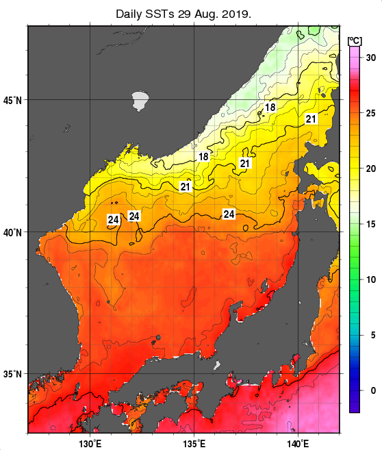 日本海の海面水温分布図（8月29日）