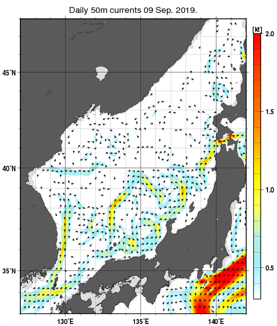 日本海の深さ50mの海流分布図（9月9日）