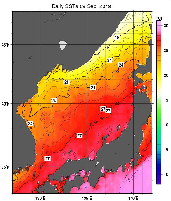 日本海の海面水温分布図（9月9日）