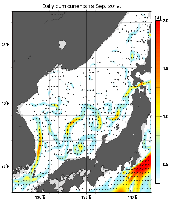 日本海の深さ50mの海流分布図（9月19日）