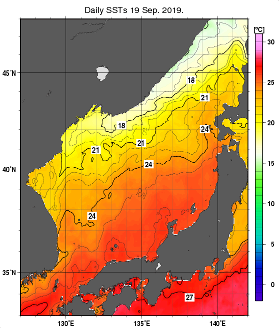 日本海の海面水温分布図（9月19日）