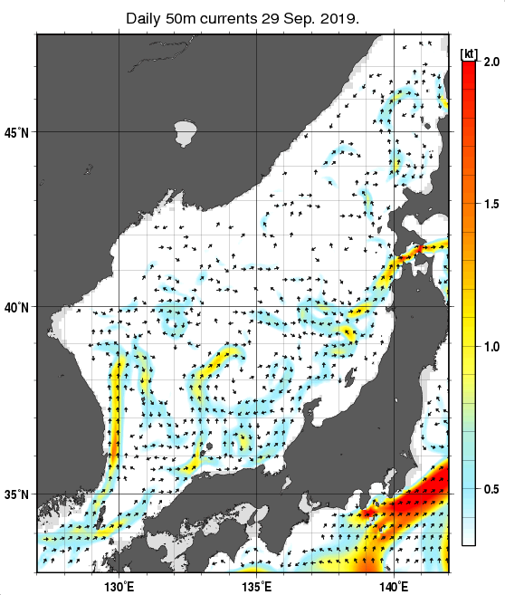 日本海の深さ50mの海流分布図（9月29日）