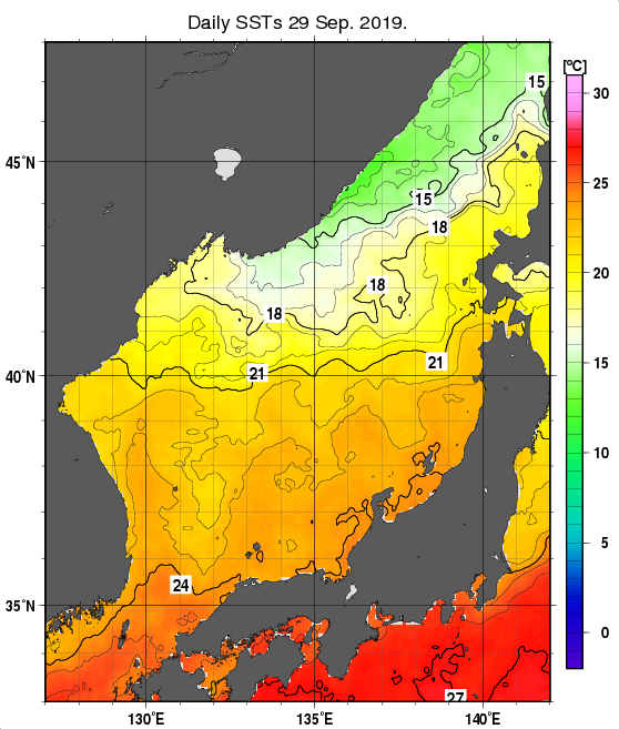 日本海の海面水温分布図（9月29日）