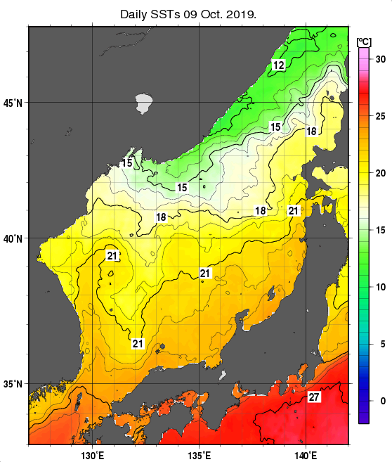 日本海の海面水温分布図（10月9日）