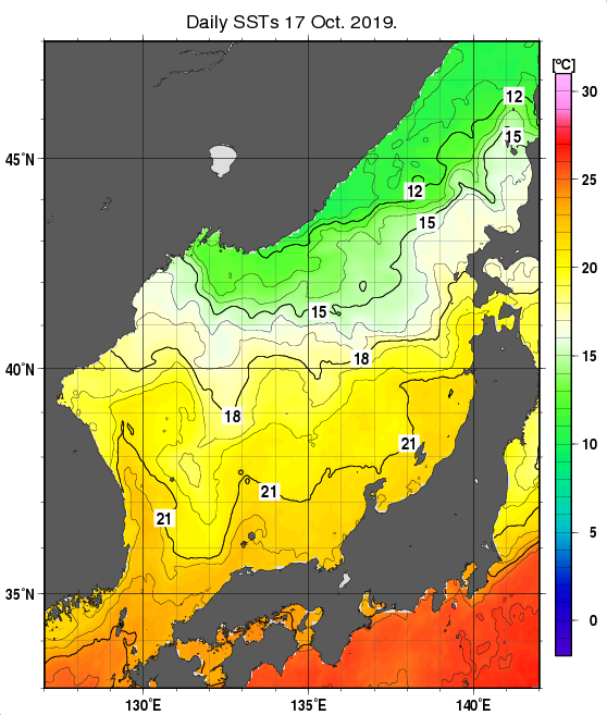 日本海の海面水温分布図（10月17日）