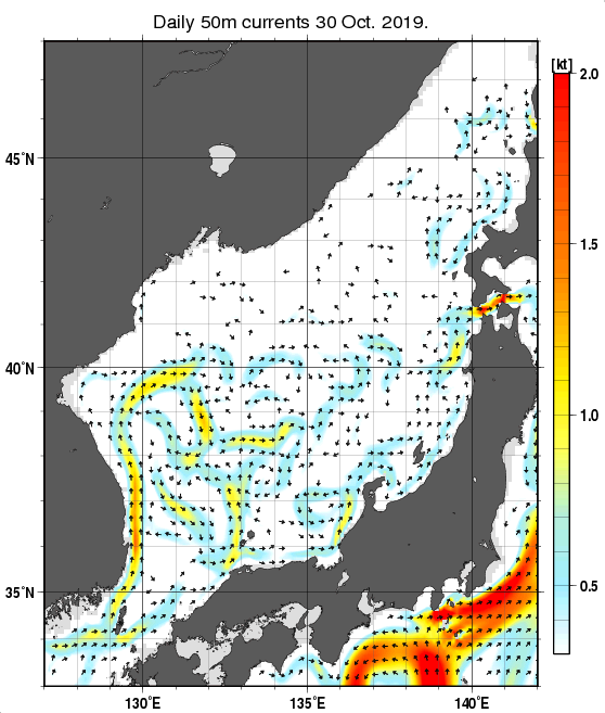 日本海の深さ50mの海流分布図（10月30日）