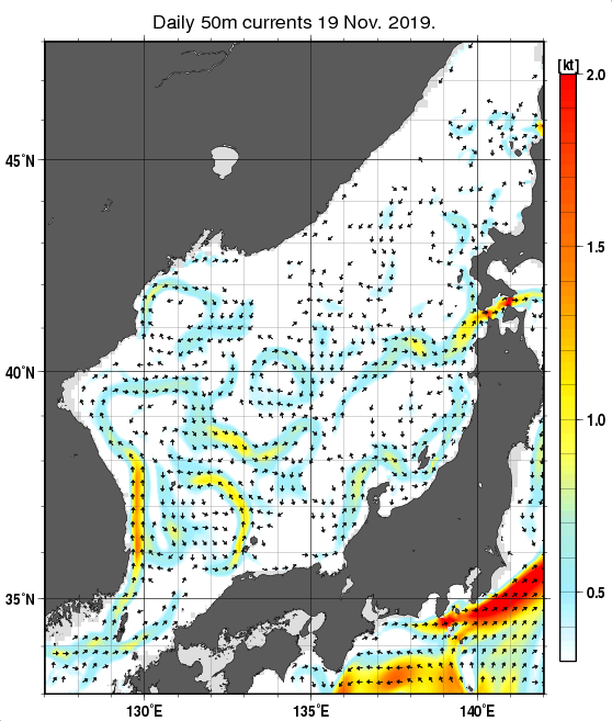 日本海の深さ50mの海流分布図（11月19日）