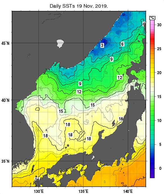 日本海の海面水温分布図（11月19日）