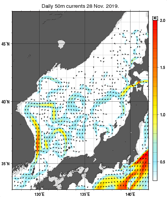 日本海の深さ50mの海流分布図（11月28日）