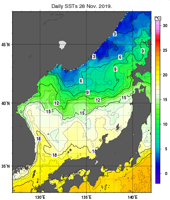 日本海の海面水温分布図（11月28日）