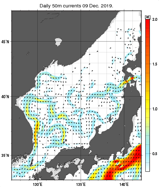 日本海の深さ50mの海流分布図（12月9日）