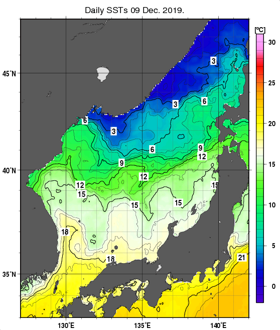 日本海の海面水温分布図（12月9日）