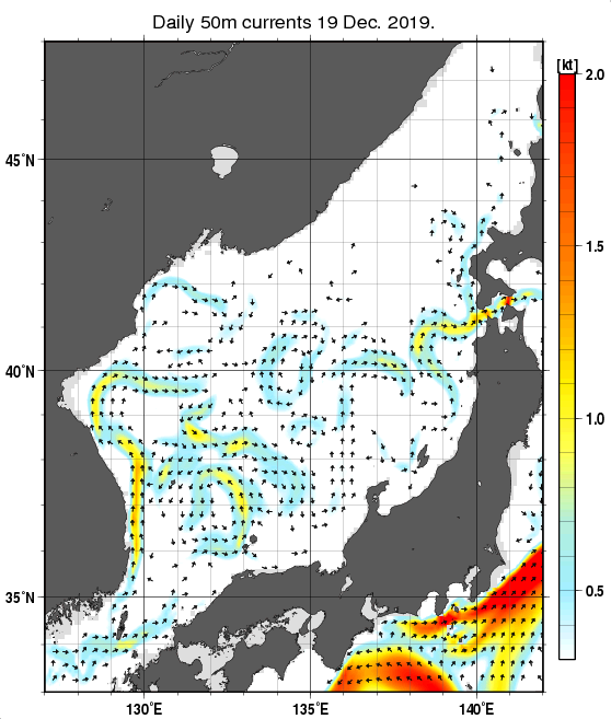 日本海の深さ50mの海流分布図（12月19日）