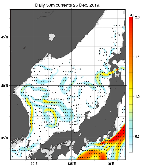 日本海の深さ50mの海流分布図（12月26日）