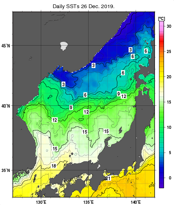 日本海の海面水温分布図（12月26日）