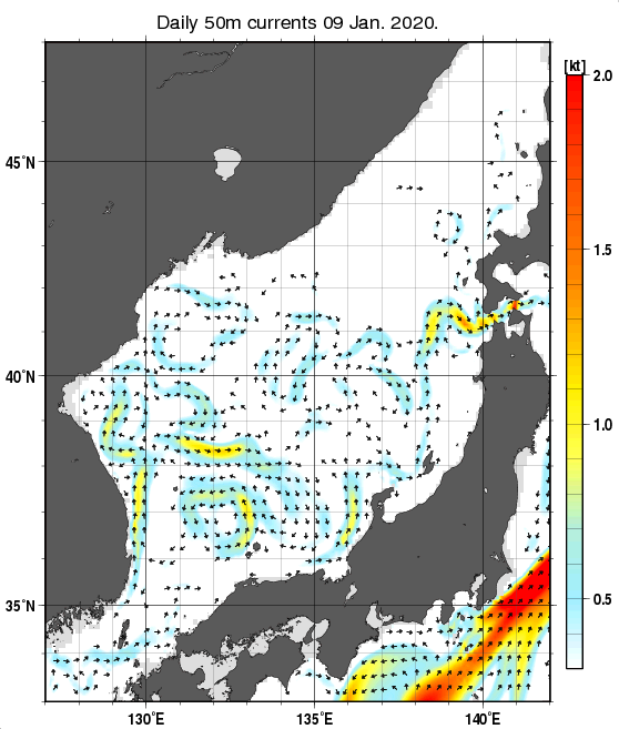 日本海の深さ50mの海流分布図（1月9日）