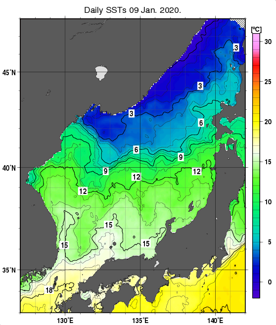 日本海の海面水温分布図（1月9日）