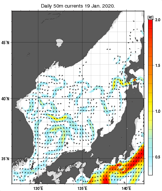 日本海の深さ50mの海流分布図（1月19日）