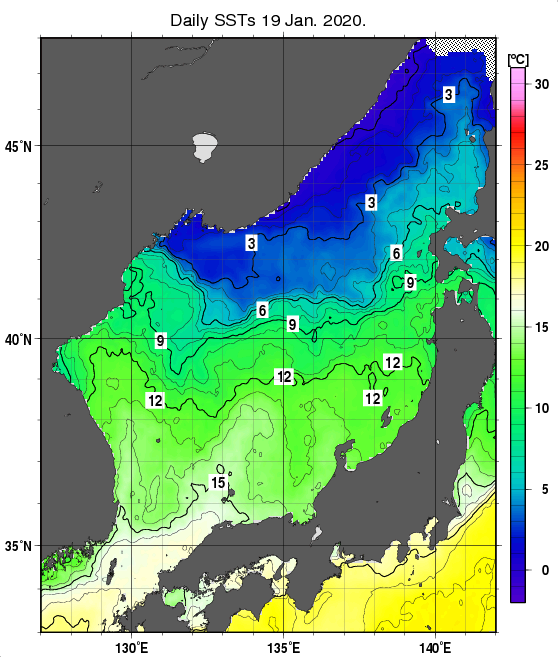 日本海の海面水温分布図（1月19日）